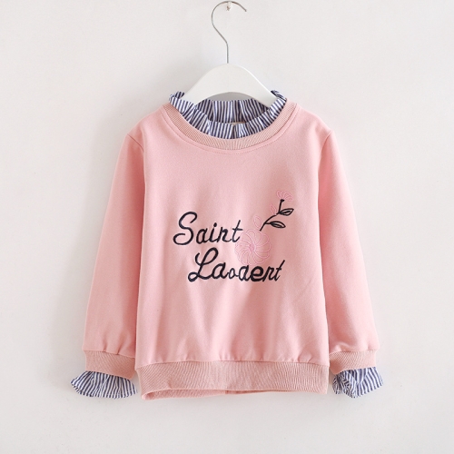 

Spring and Autumn Letters Flowers Embroidery Pattern Fake Two Pieces Girls Pullover, Height:120cm(Pink)