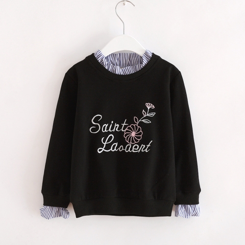 

Spring and Autumn Letters Flowers Embroidery Pattern Fake Two Pieces Girls Pullover, Height:120cm(Black)