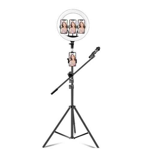 

14 inch+4 Phone Clips+Microphone Pole Dimmable Color Temperature LED Ring Fill Light Live Broadcast Set With 2.1m Tripod Mount, CN Plug