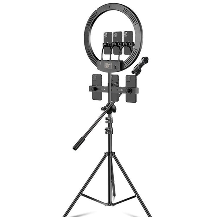 

18 inch+6 Phone Clips+Microphone Pole Dimmable Color Temperature LED Ring Fill Light Live Broadcast Set With 2.1m Tripod Mount, CN Plug