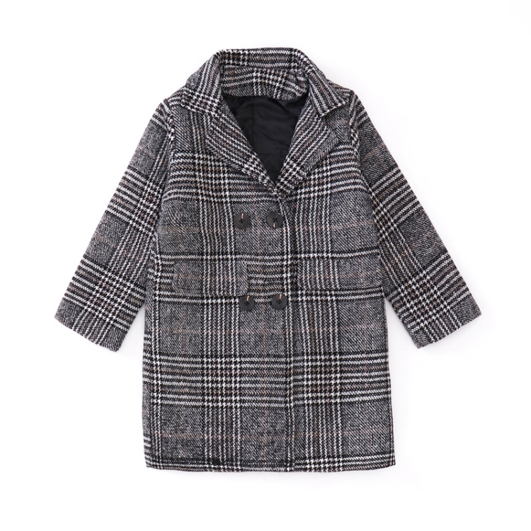 

Autumn and Winter Girls Mid-length Houndstooth Wool Coat, Kid Size:140cm(Grey)