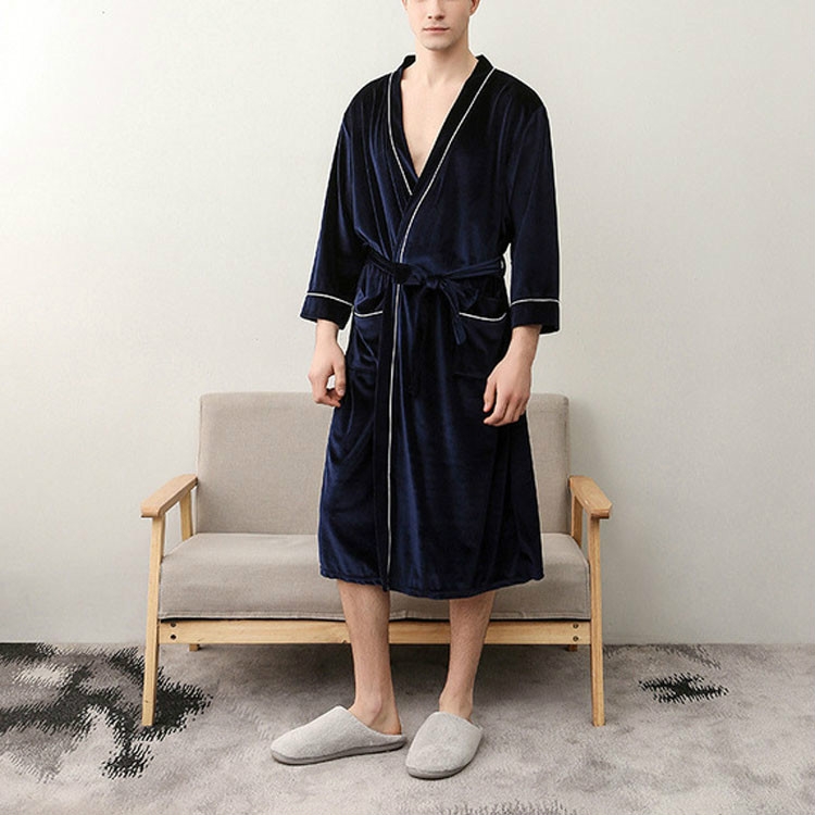 

Male Home Couple Long Gold Velvet Bathrobe Robe, Size:XL(Navy)
