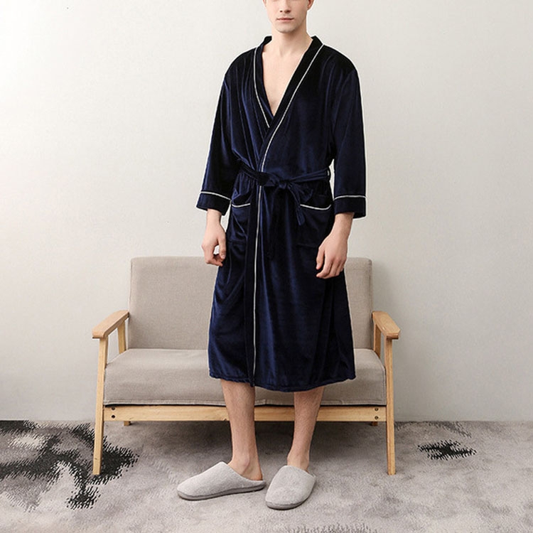 

Male Home Couple Long Gold Velvet Bathrobe Robe, Size:XXL(Navy)