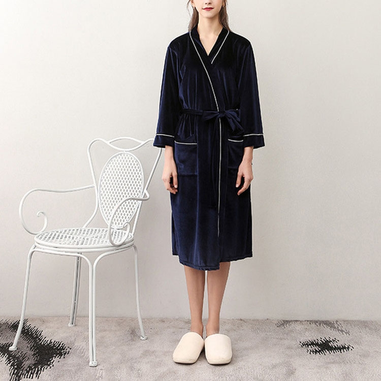 

Female Home Couple Long Gold Velvet Bathrobe Robe, Size:XXL(Navy)