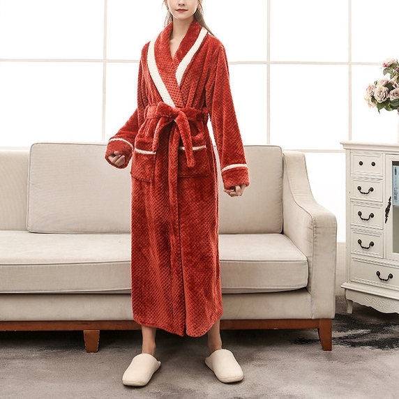 

Female Couple Models Thick Warm Long Paragraph Large Size Terry Cloth Bathrobe, Size:XL(Red Coffee)