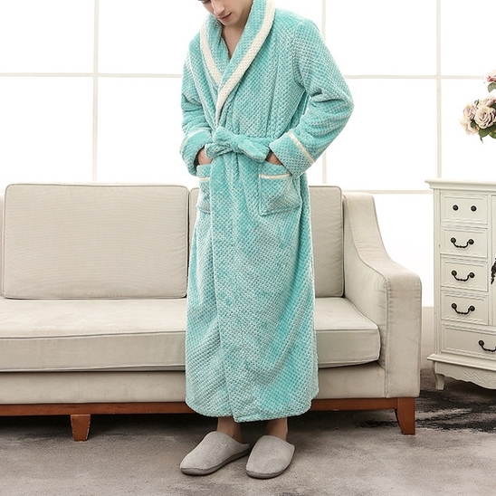 

Male Couple Models Thick Warm Long Paragraph Large Size Terry Cloth Bathrobe, Size:XL(Bean Green)