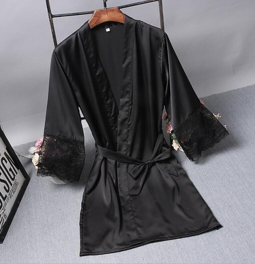 

Robes Elegant Sleepwear Sexy Lace Women Dressing Kimono Silk Bath Robe, Size:M(Black)