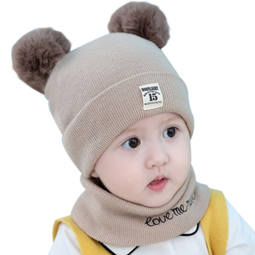 

0-12 Months Autumn and Winter Children Earmuffs Knitted Wool Cap + Letter Scarf Set, Size:38-46CM(Khaki)