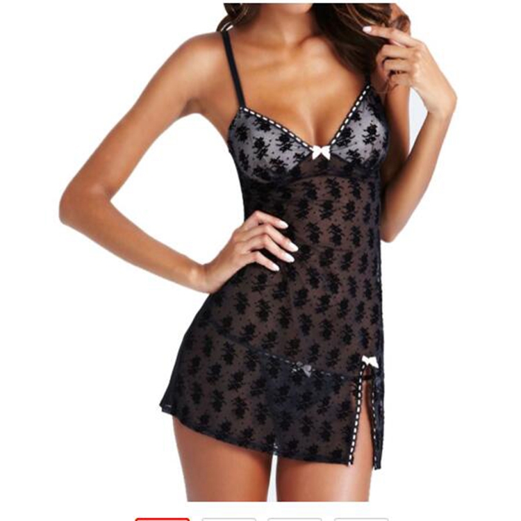 

Women Lace Sexy Lingerie V-neck Dress Nightwear, Size:One Size(Black)