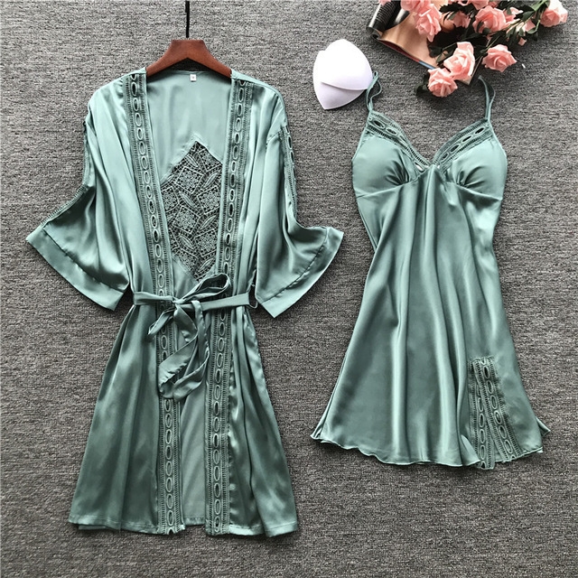 

Women Robe & Gown Sets Sexy Lace Lounge Pijama Long Sleeve Ladies Nightwear Bathrobe Night Dress with Chest Pads, Size:L(Blue)