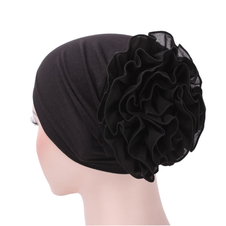 

Solid Color Chiffon Big Cap Flower Pullover Turban Hat, Size:One Size(Black)