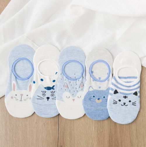 

5 PCS Female Cartoon Animal Shallow Mouth Invisible Cotton Sailboat Socks, Color:Blue Cat