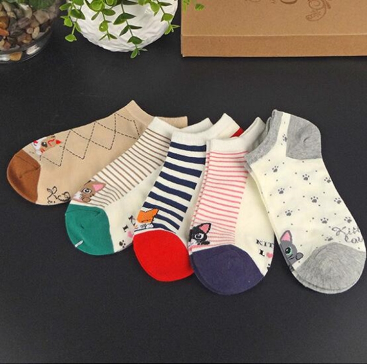 

5 Pairs Cartoon Cotton Boat Socks Women Cute Socks Sweet Trend Cat Printed Cotton Socks(Cute kitten)