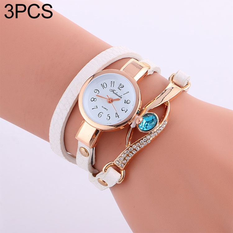 

3 PCS Eye Shape Gemstone Bracelet Watch for Women(White)