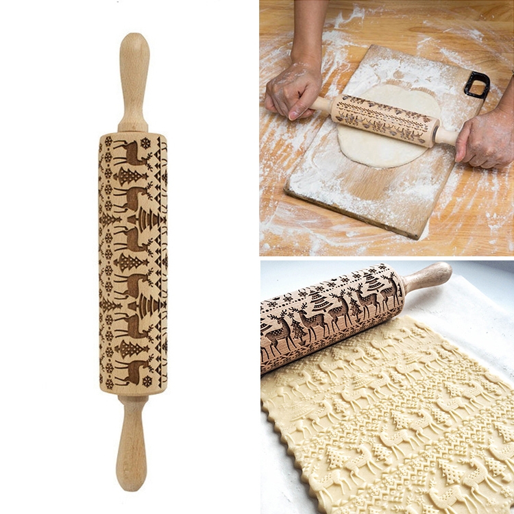 

2 PCS Christmas Embossing Rolling Pin Baking Cookies Fondant Cake Dough Engraved Roller(35cm elk)