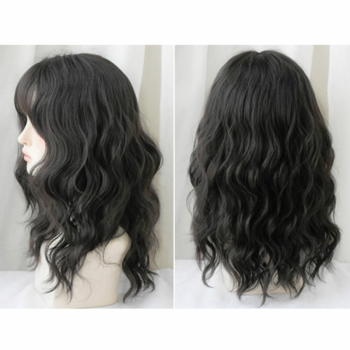 

Women's Wool Long Hair With Bangs Natural Fluffy Wig, Color:Black Brown 54CM