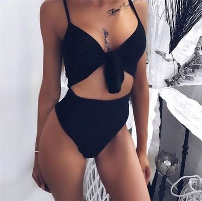 

Women Bow One-piece Hollow High Waist Swimsuit, Size:L(Black)