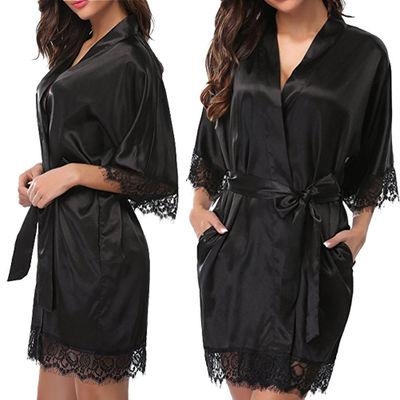 

Half Sleeve Robe Women Faux Silk Pajama Sexy Night Dress, Size:M(Black)