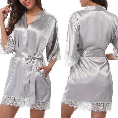 

Half Sleeve Robe Women Faux Silk Pajama Sexy Night Dress, Size:M(Gray)