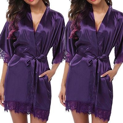 

Half Sleeve Robe Women Faux Silk Pajama Sexy Night Dress, Size:S(Purple)