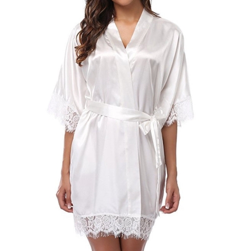 

Half Sleeve Robe Women Faux Silk Pajama Sexy Night Dress, Size:XXL(White)