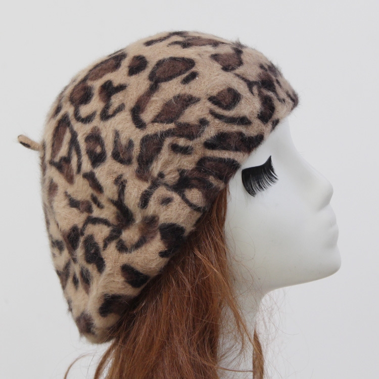 

Winter Ladies Rabbit Fur Print Big Leopard Beret(Light Tan)