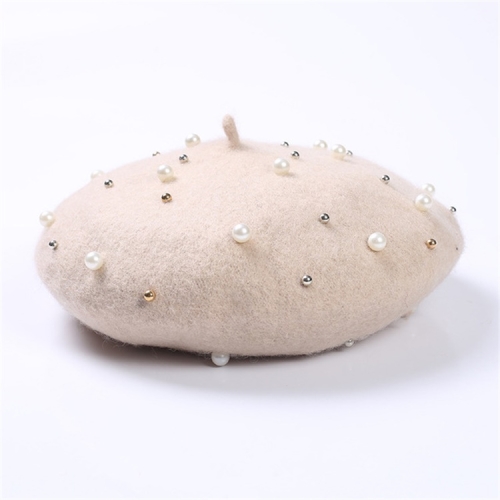 

Winter Autumn Women Pearl Rivet Wool Berets, Size:M（56-58cm）(Beige)