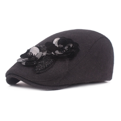 

Lady Flower Cap Cotton Linen Beret National Style Hat, Size:55-60cm(Black)