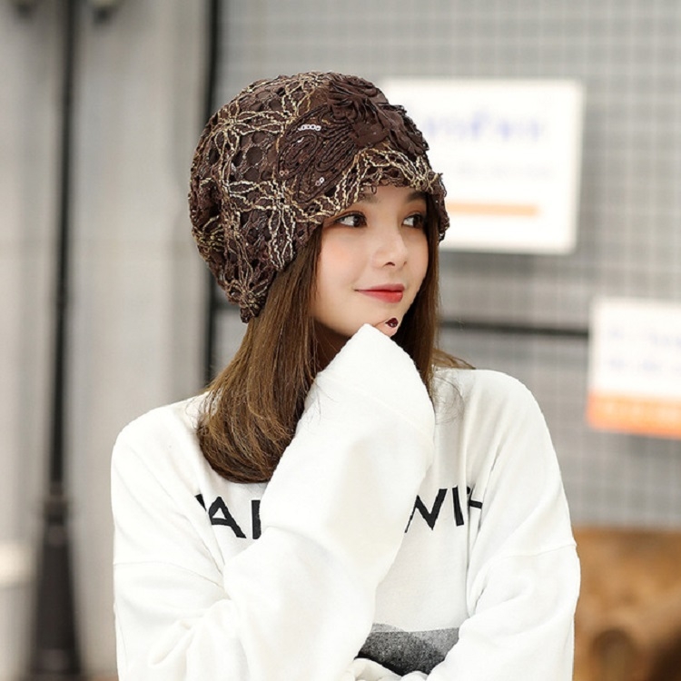 

Sweet Style Lace Embossed Flower Dome Turbano Cap, Siz:One Size(Brown)