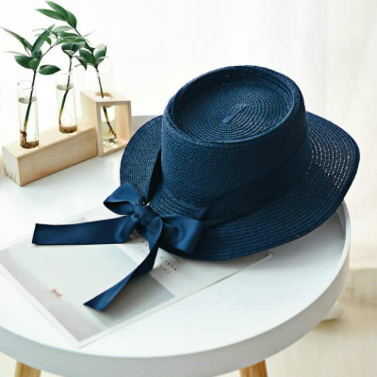 

British Style Flat Top Straw Weaving Beach Cap Sun Hat with Bow-knot Ribbon(navy)