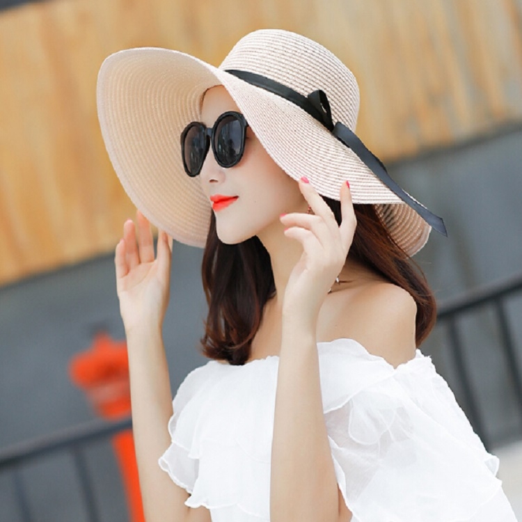 

2 PCS Summer Dome Wide Straw Weaving Hollow Foldable Sun Hat Beach Hat with Bow-knot(Light Pink)