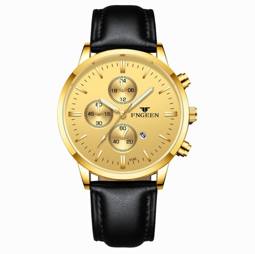 

FNGEEN W5128 Men Three Eyes Subdial Luminous Quartz Watch Student Simple Watch(Black Leather Gold Shell Gold Surface)