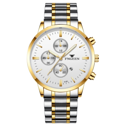 

FNGEEN W5128 Men Three Eyes Subdial Luminous Quartz Watch Student Simple Watch(Gold And White Surface)