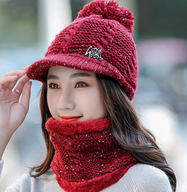 

Women's Hat Winter Two-piece Sweater Hat Outdoor Knit Hat Warm Scarf Cap(Red)