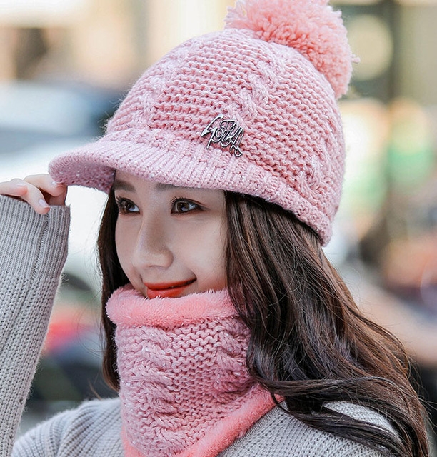 

Women's Hat Winter Two-piece Sweater Hat Outdoor Knit Hat Warm Scarf Cap(Pink)