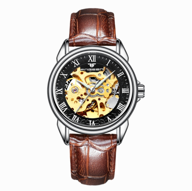 

FNGEEN 8866 Woman Waterproof Watch Fashion Double-Sided Hollow Automatic Mechanical Watch(Leather White Steel Black Surface)