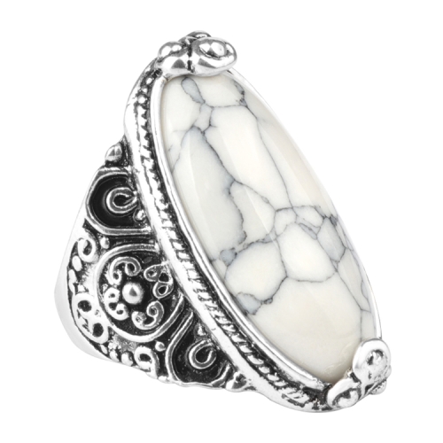 

Fashion Vintage Oval Turquoise Flower Ring Women Antique Silver Jewelry, Ring Size:7(White)