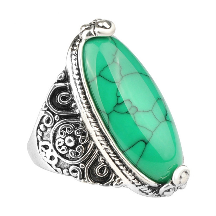 

Fashion Vintage Oval Turquoise Flower Ring Women Antique Silver Jewelry, Ring Size:9(Green)