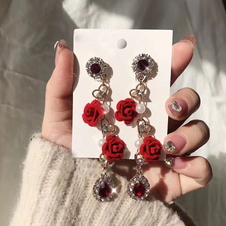 

Elegant Red Rose Velvet Flower Long Drop Earrings For Women