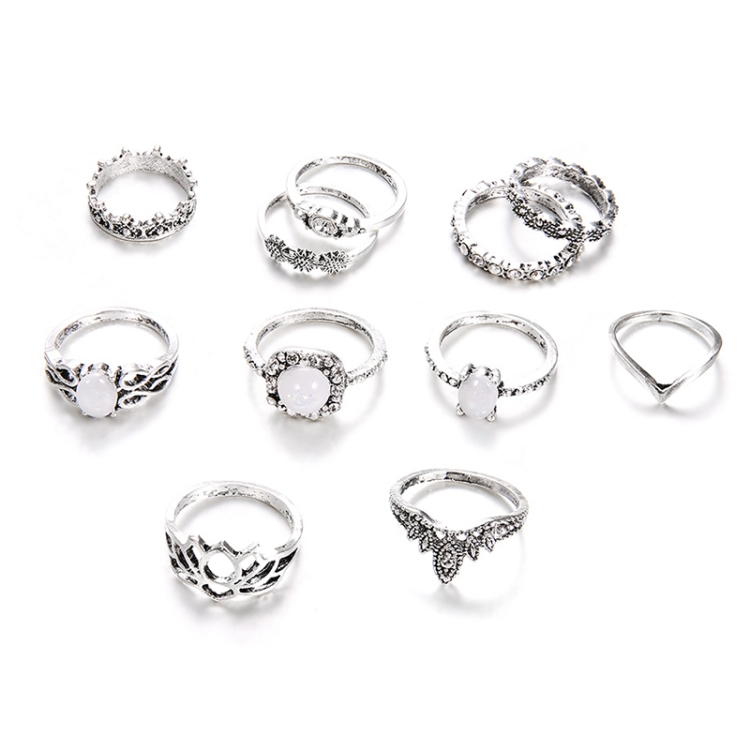

11 PCS/Set Bohemian Retro Totems Opal Lotus Crystal Hollow Ring Set