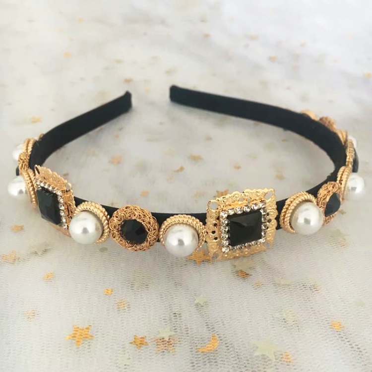 

Baroque Retro Square Gemstone Pearl Simple Multicolor Wild Headband(Black)