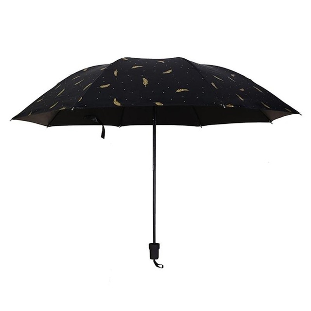

Feather Pattern Umbrella Dual-Use Three Folding Manual Control Portable Sunscreen Rain Umbrellas Windproof Parasol(Black)