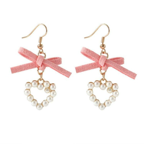 

Pink Cloth Bowknot Pearl Heart Shape Earrings For Women