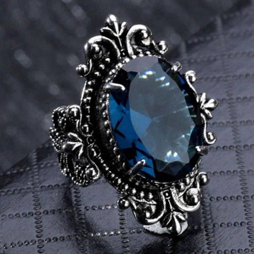 

925 Silver Vintage Goose Egg-shaped Sea Blue Topaz Ring, Ring Size:6