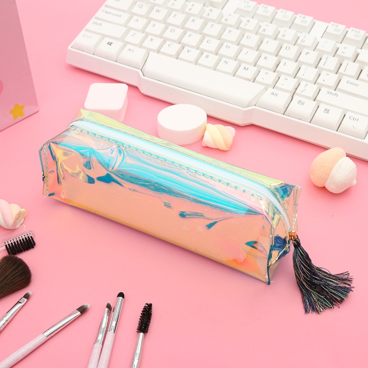 

Zip Pouch Waterproof Stationery Box Laser Pencil Bag Case Pen Storage Fringed Pencil Case(Light Yellow pencil case)