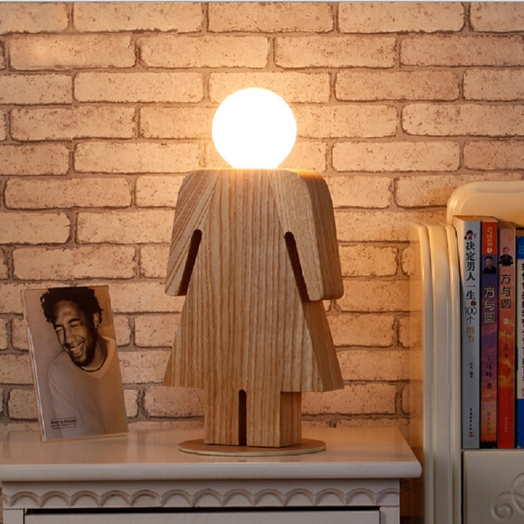 

E27 220V Girl Boy Modeling Wooden Table Lamp Suitable for Living Room Bedside Bedroom Reading Lighting, Style:Girl, Size:S