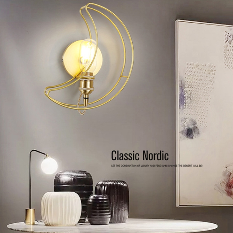 

Golden Moon Personality Creative Bedroom Bedside Porch Aisle Wrought Iron Lighting LED Wall Lamp