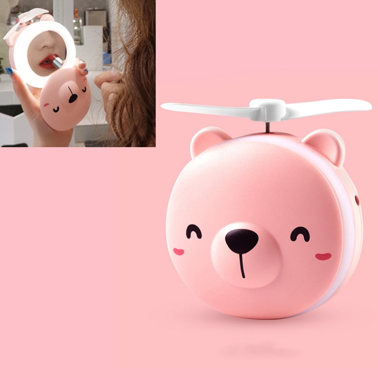

USB Charging Mini Portable LED Night Light Vanity Mirror with Fan(Pink Bear)