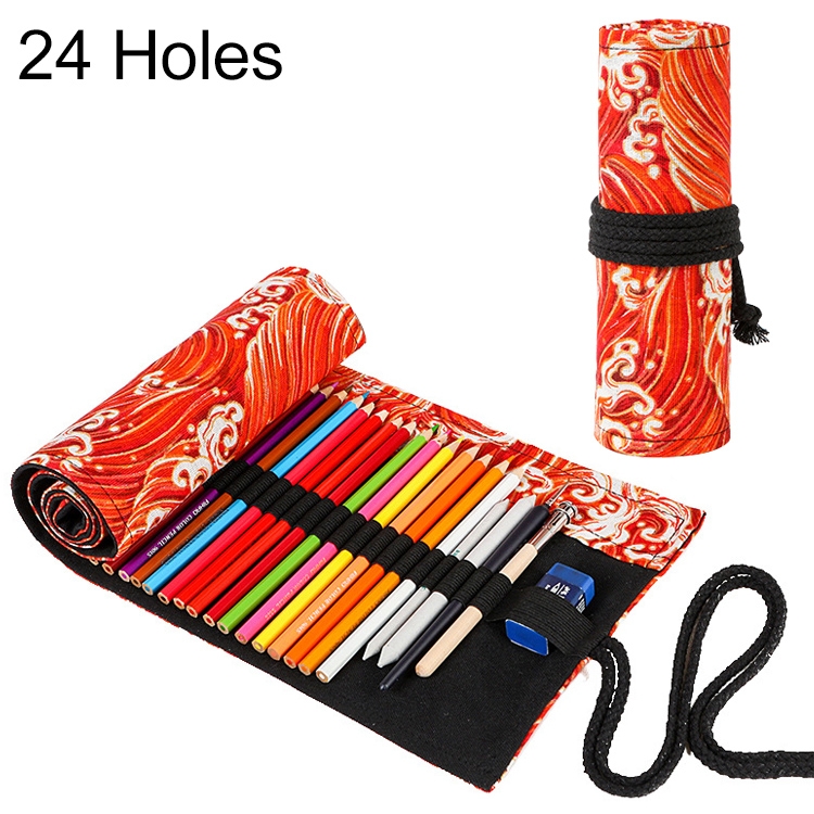 

Golden Red Sea Wave Printing Roller Pencil Case Large Capacity Pencilcase Canvas Big Pen Bag(24 Holes)