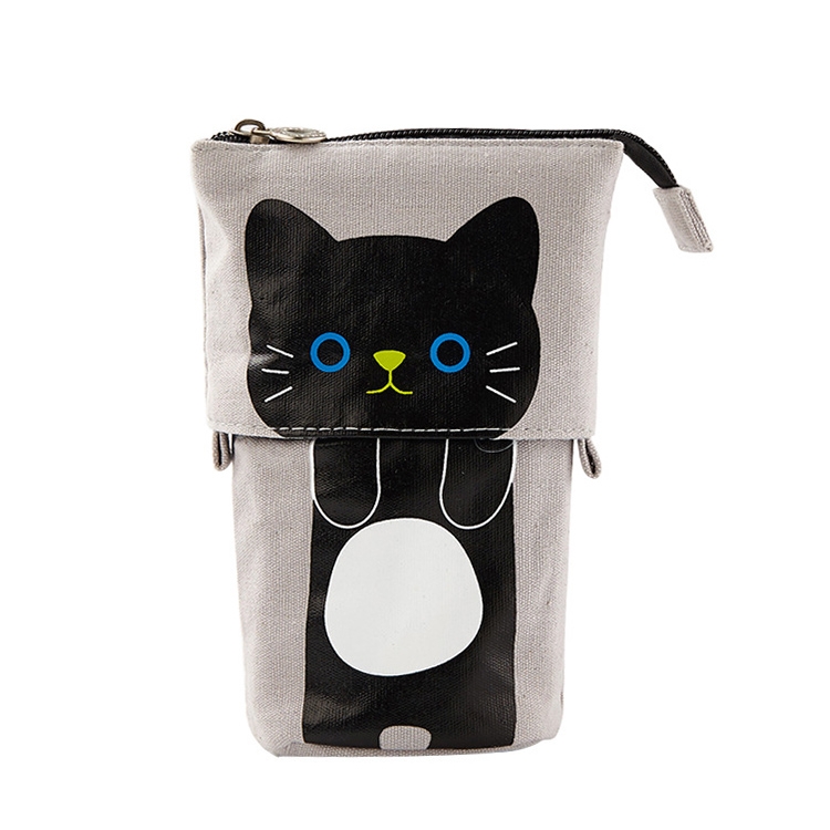 

Cartoon Multifunction Cute Cat Foldable School Tool Canvas Fabric Pencil Pouch with Zipper(Black Cat)